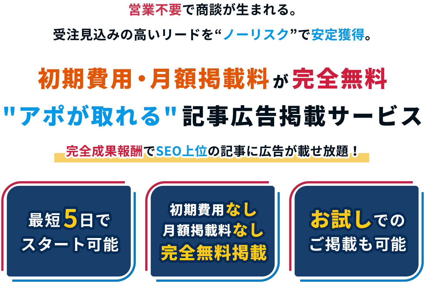 初期費用・月額掲載料が完全無料。アポが取れる記事広告掲載サービス