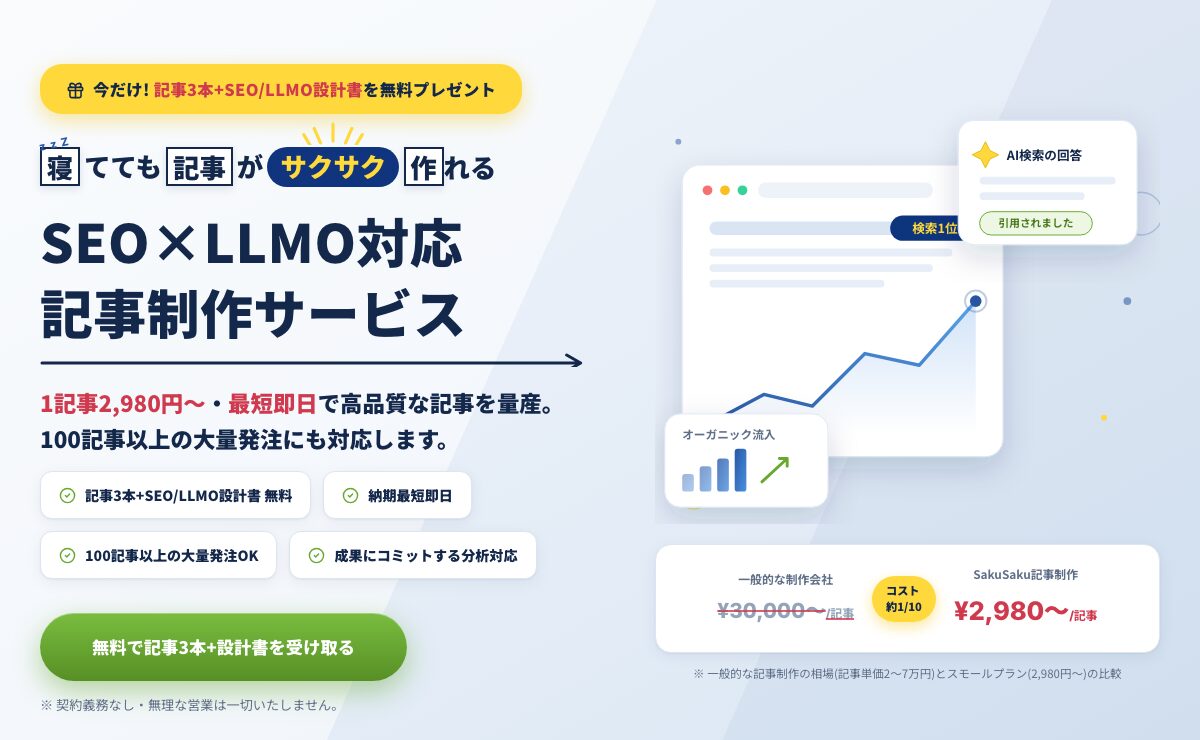 寝てても記事がサクサク作れる SEO×LLMO対応 記事制作サービス SakuSaku記事制作|1記事2,980円〜・最短即日