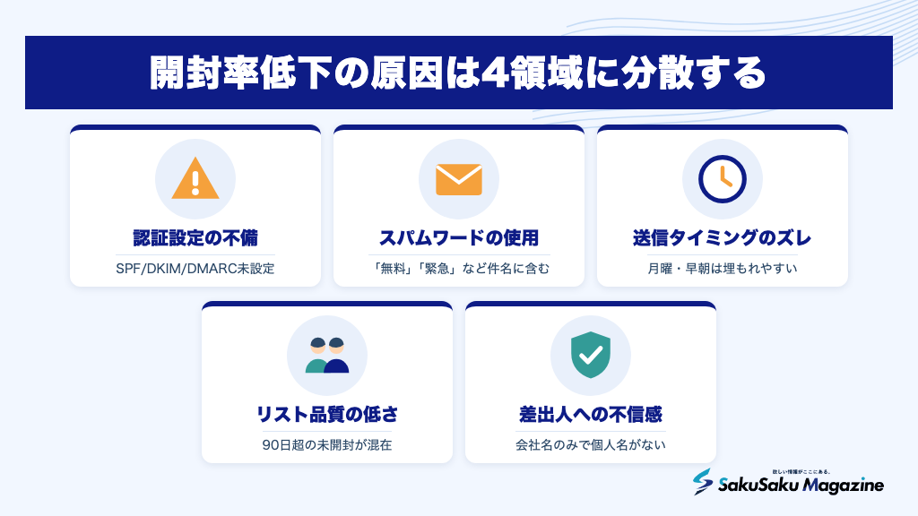 開封率低下の原因は4領域に分散する
