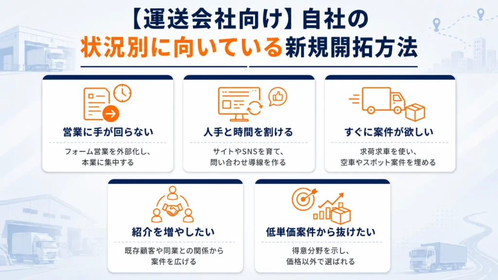 【運送会社向け】自社の状況別に向いている新規開拓方法